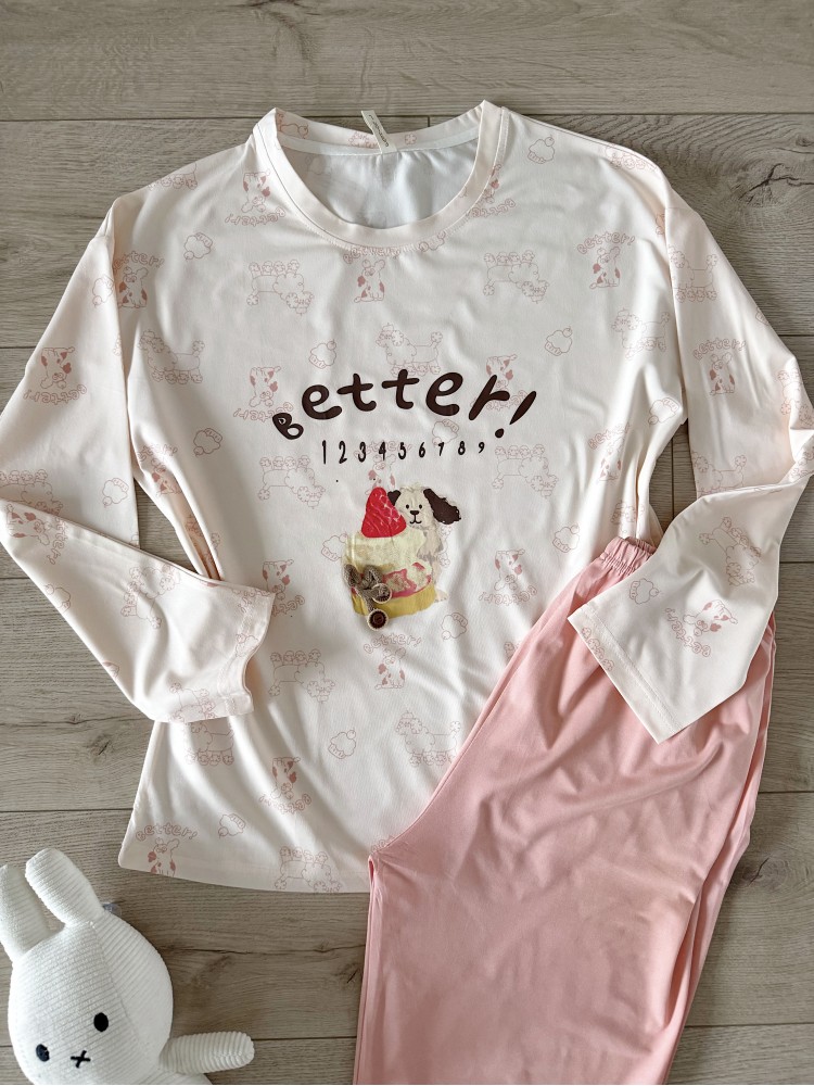 Pijama dama din bumbac ieftina cu pantaloni roz si bluza lunga cu imprimeu OITE funny