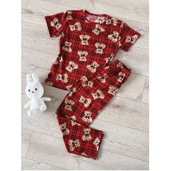 Pijama dama ieftina din bumbac cu tricou si pantaloni lungi rosii cu imprimeu URS carouri