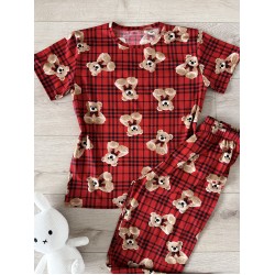 Pijama dama ieftina din bumbac cu tricou si pantaloni lungi rosii cu imprimeu URS carouri