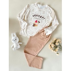 Pijama dama din bumbac ieftina cu pantaloni bej si bluza lunga cu imprimeu OITE funny