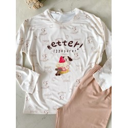 Pijama dama din bumbac ieftina cu pantaloni bej si bluza lunga cu imprimeu OITE funny