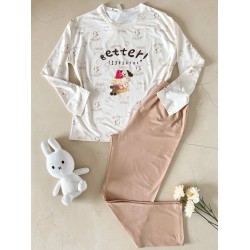 Pijama dama din bumbac ieftina cu pantaloni bej si bluza lunga cu imprimeu OITE funny