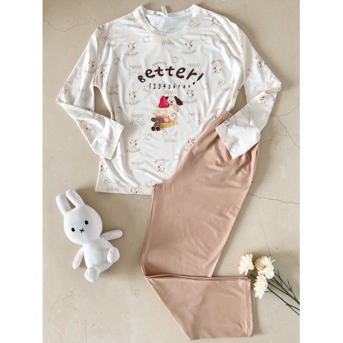 Pijama dama din bumbac ieftina cu pantaloni bej si bluza lunga cu imprimeu OITE funny