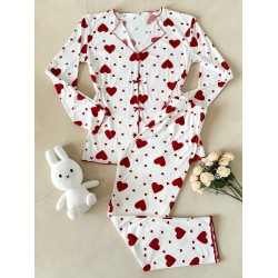Pijama dama ieftina din bumbac alba cu pantaloni si bluza cu maneca lunga cu imprimeu INIMI ROSII