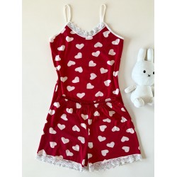 Pijama dama din bumbac rosie super draguta cu maieu si pantaloni scurti cu dantela si imprimeu inimioare