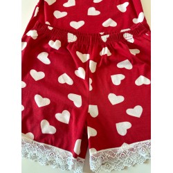 Pijama dama din bumbac rosie super draguta cu maieu si pantaloni scurti cu dantela si imprimeu inimioare