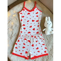 Pijama dama din bumbac alba super draguta cu maieu si pantaloni scurti cu dantela si imprimeu inimioare
