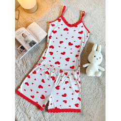 Pijama dama din bumbac alba super draguta cu maieu si pantaloni scurti cu dantela si imprimeu inimioare