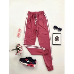 Pantaloni dama ieftini roz cu dungi laterale albe