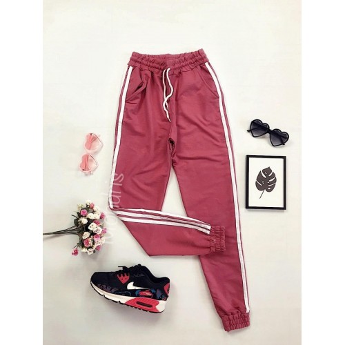 Pantaloni dama ieftini roz cu dungi laterale albe