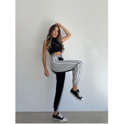 Pantaloni dama casual negru tip jogger cu dungi laterale gri