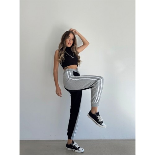 Pantaloni dama casual negru tip jogger cu dungi laterale gri