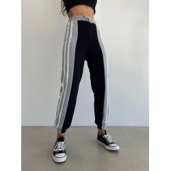 Pantaloni dama casual negru tip jogger cu dungi laterale gri