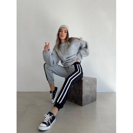 Pantaloni dama casual gri tip jogger cu dungi laterale negre