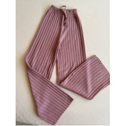 Pantaloni dama din tricot roz pudra cu snur in talie