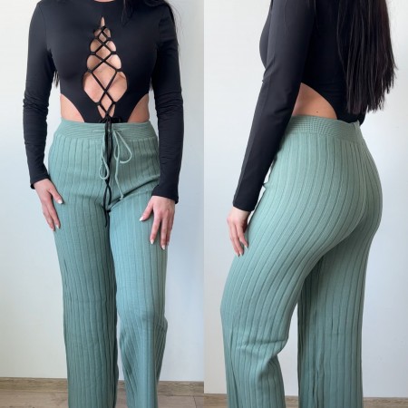 Pantaloni dama din tricot GROS bleu cu snur in talie