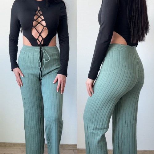 Pantaloni dama din tricot GROS bleu cu snur in talie Pantaloni dama din tricot GROS bleu cu snur in talie