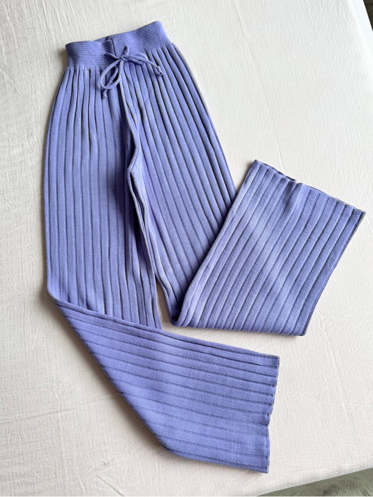 Pantaloni dama din tricot mov cu snur in talie