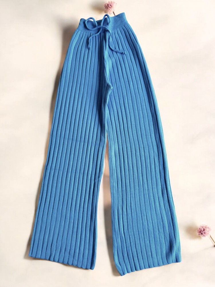 Pantaloni dama din tricot albastri cu snur in talie