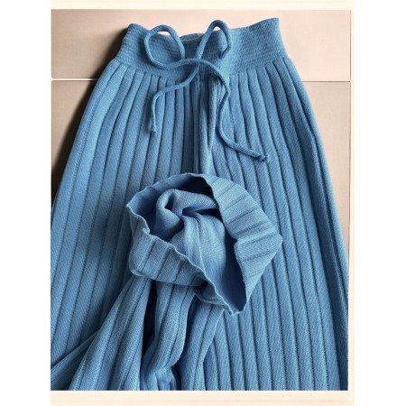 Pantaloni dama din tricot albastri cu snur in talie