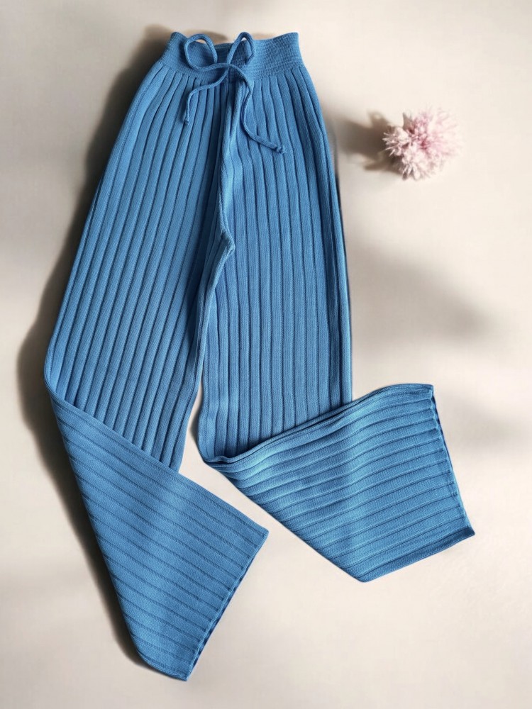 Pantaloni dama din tricot albastri cu snur in talie