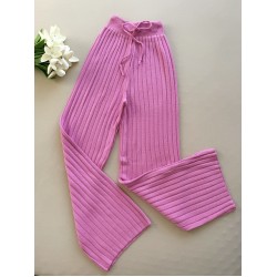 Pantaloni dama din tricot roz deschis  cu snur in talie