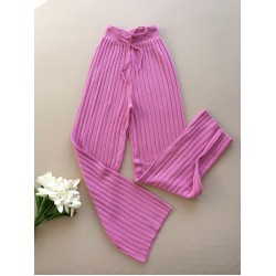 Pantaloni dama din tricot roz deschis  cu snur in talie