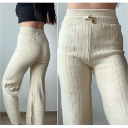 Pantaloni dama din tricot albi cu snur in talie