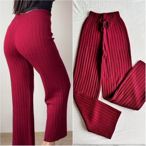 Pantaloni dama din tricot GROS visinii cu snur in talie