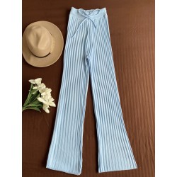 Pantaloni dama din tricot SUBTIRE baby blue cu snur in talie