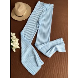 Pantaloni dama din tricot SUBTIRE baby blue cu snur in talie