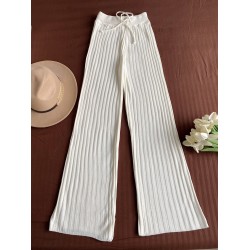 Pantaloni dama din tricot SUBTIRE albi cu snur in talie