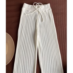 Pantaloni dama din tricot SUBTIRE albi cu snur in talie