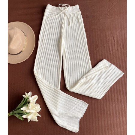 Pantaloni dama din tricot SUBTIRE albi cu snur in talie