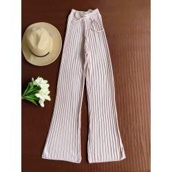 Pantaloni dama din tricot SUBTIRE roz deschis cu snur in talie