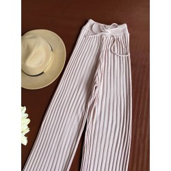 Pantaloni dama din tricot SUBTIRE roz deschis cu snur in talie