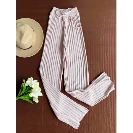 Pantaloni dama din tricot SUBTIRE roz deschis cu snur in talie