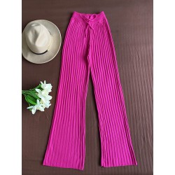 Pantaloni dama din tricot SUBTIRE roz fuchsia cu snur in talie