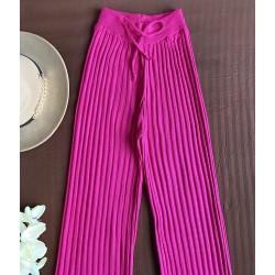 Pantaloni dama din tricot SUBTIRE roz fuchsia cu snur in talie