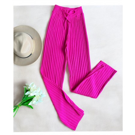 Pantaloni dama din tricot SUBTIRE roz fuchsia cu snur in talie