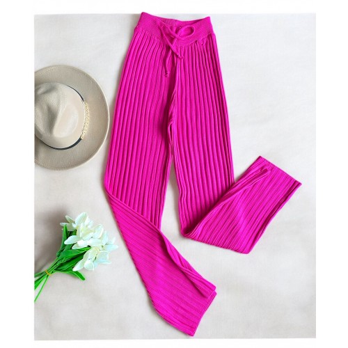 Pantaloni dama din tricot SUBTIRE roz fuchsia cu snur in talie