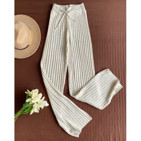 Pantaloni dama din tricot SUBTIRE ivoire cu snur in talie