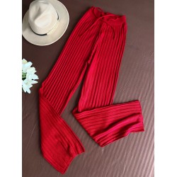 Pantaloni dama din tricot SUBTIRE rosii cu snur in talie