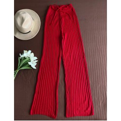Pantaloni dama din tricot SUBTIRE rosii cu snur in talie