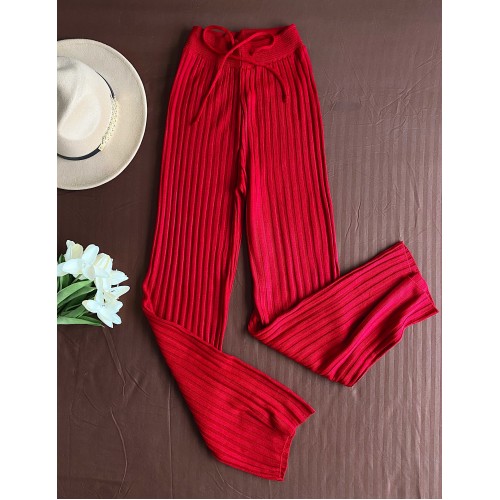 Pantaloni dama din tricot SUBTIRE rosii cu snur in talie