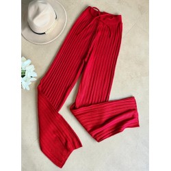 Pantaloni dama din tricot SUBTIRE rosii cu snur in talie