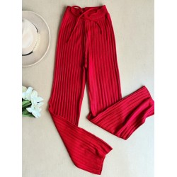 Pantaloni dama din tricot SUBTIRE rosii cu snur in talie