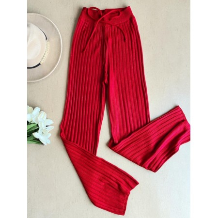 Pantaloni dama din tricot SUBTIRE rosii cu snur in talie