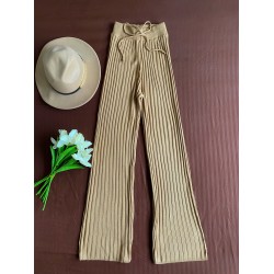 Pantaloni dama din tricot SUBTIRE crem cu snur in talie