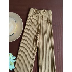 Pantaloni dama din tricot SUBTIRE crem cu snur in talie